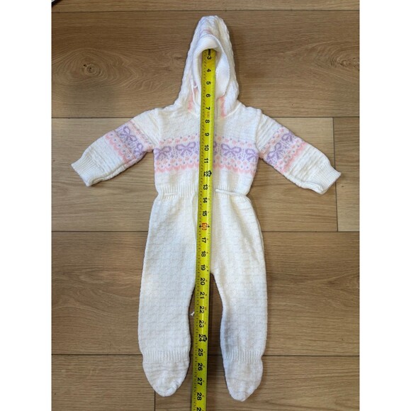 Vintage Handmade Knit Baby Coverall Footed Hooded Button Up Jumpsuit - Picture 2 of 7